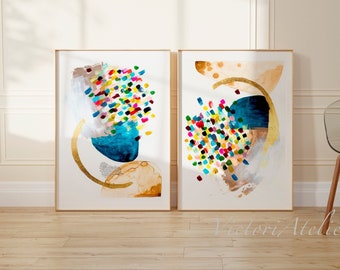 Abstract Prints Set of 2, Colorful dots wall art, Modern print set 2, Abstract colorful set, Trend wall art, Hand embellished with gold leaf