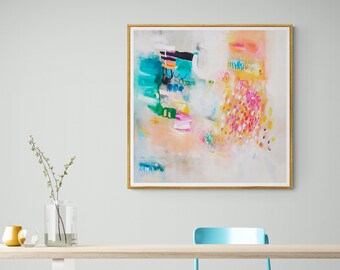 Large wall art abstract print, Colorful painting with orange and blue, Vibrant wall decor for living room