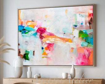 White and multicolor abstract painting print, Extra large wall art, Modern wall decor