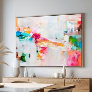 White and multicolor abstract painting print, Extra large wall art, Modern wall decor