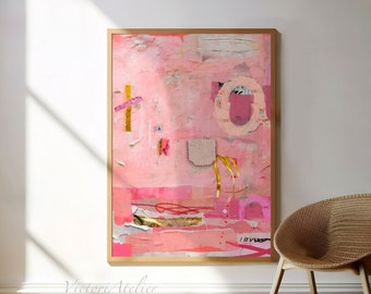 Roze fuchsia en gouden abstracte schilderprint, extra grote moderne abstracte kunstwerken, eclectisch roze getextureerd wanddecor