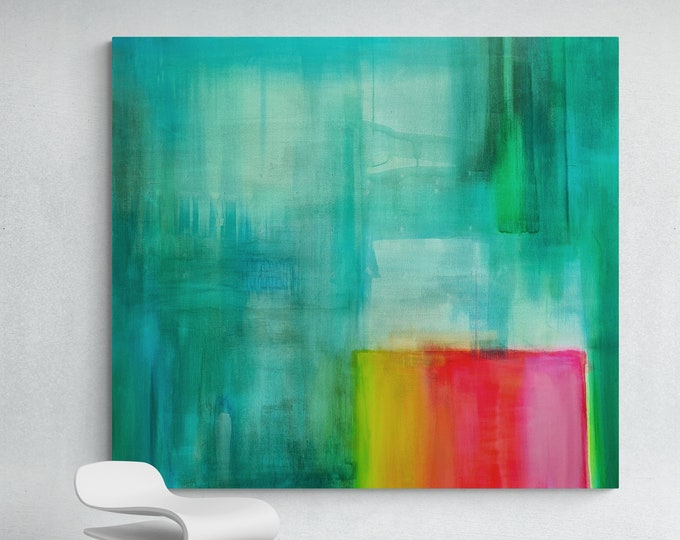 Original Abstract Art on Canvas Green Colorful Modern Etsy
