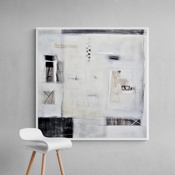 Noir et blanc Peinture originale sur toile, Peinture abstraite moderne, Décor mural de style industriel, Grand art abstrait 40x40 pouces