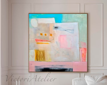Abstract wall art print, Large abstract painting, Pastel colors art for modern wall decor, Light blue pink art