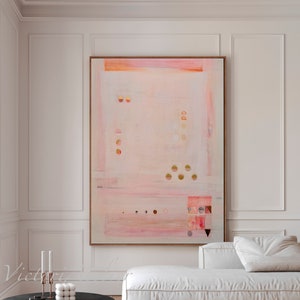 Original abstract painting, Light pink and gold leaf minimalist modern abstract art, Large wall art aesthetic vertical art, Ready to hang image 1