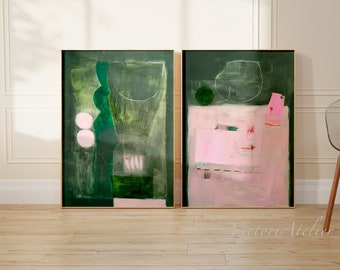 Abstract art set of 2, extra large abstract painting, modern wall art set, green and pink contemporary art