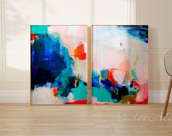 Set of 2 extra large wall art, Blue white orange abstract modern painting, Abstract artset 2 bedroom wall decor