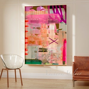 Stampa di un dipinto astratto eclettico moderno, grande arte murale, decorazione da parete boho alla moda per il soggiorno, viola, fucsia e verde.