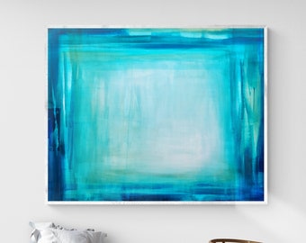 Turquoise blauwe abstracte kunst minimalistische Giclee print, extra grote schilderijprint, lichtblauwe muurkunst, abstracte moderne muurkunstprint