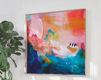 Orange and blue abstract large wall art print, Colorful abstract painting