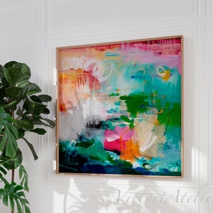 Large landscape abstract art, Bright colors tropical painting, Green and magenta large wall art, Master bedoom wall decor art