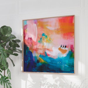 Orange and blue abstract large wall art print, Colorful abstract painting