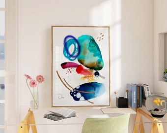Abstract painting watercolor print, Teal green  blue wall art, Colorful abstract art, Modern wall decor