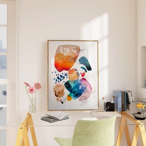 Orange Watercolor print, Colorful abstract painting, Modern art hand embellished with gold leaf