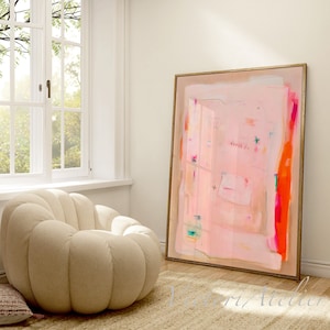 Stampa artistica astratta rosa chiaro corallo arancione beige, stampa artistica da parete extra large, decorazione minimalista su tela per soggiorno