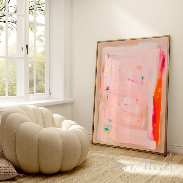 Abstract art print light pink coral orange beige , Extra large wall art print, Minimalist Canvas decor for living room