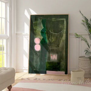 Abstract painting print, Forest green pink extra large Modern abstract artwork, Vertical eclectic large wall art
