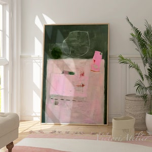 Abstract painting print, Light pink and forest green extra large Modern abstract artwork, Vertical large wall art