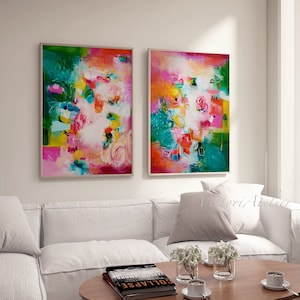 Bright colorful abstract prints set 2, Magenta and green modern abstract painting, Extra large abstract art with vivid colors