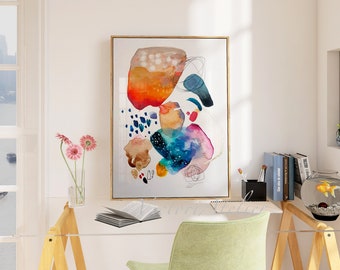 Orange Watercolor print, Colorful abstract painting, Modern art hand embellished with gold leaf