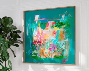 Abstract painting print, Green colorful vivid colors Extra large wall art, Bright abstract wall art, Emerald green wall decor