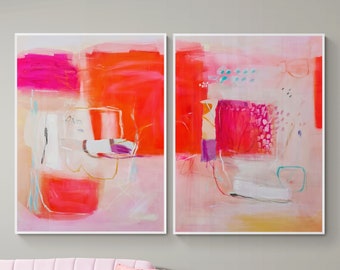 Abstract art prints set of 2, Viva magenta painting, Abstract painting set, Modern colorful large wall art