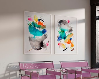 Watercolor Abstract Art Prints, Turquoise, Gold Leaf Embellished, Set of 2