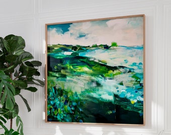 Green abstract landscape print, Beach or countryside scenery, Large wall art painting, Brush stroke abstract art