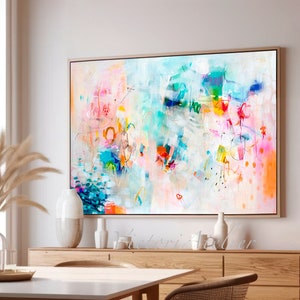 Abstract art painting print , White and multicolor Extra large wall art print, Canvas decor for living room, Art over coach sofa image 3