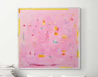Pink and yellow Original abstract painting on stretched canvas, Pink joyful abstract art, Modern wall decor