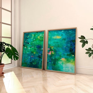 Abstract prints set, Set of 2  large prints, Tropical landscape Large art, Abstract painting green blue, Abstract art, Extra large wall art