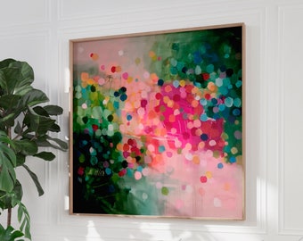 May include: Abstract painting with a pink, green, and blue color scheme. The painting features a variety of colorful dots and circles, creating a dynamic and energetic composition.
