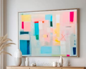 Multicolor Abstract Art Print, Light Blue and Pink Canvas Wall Decor