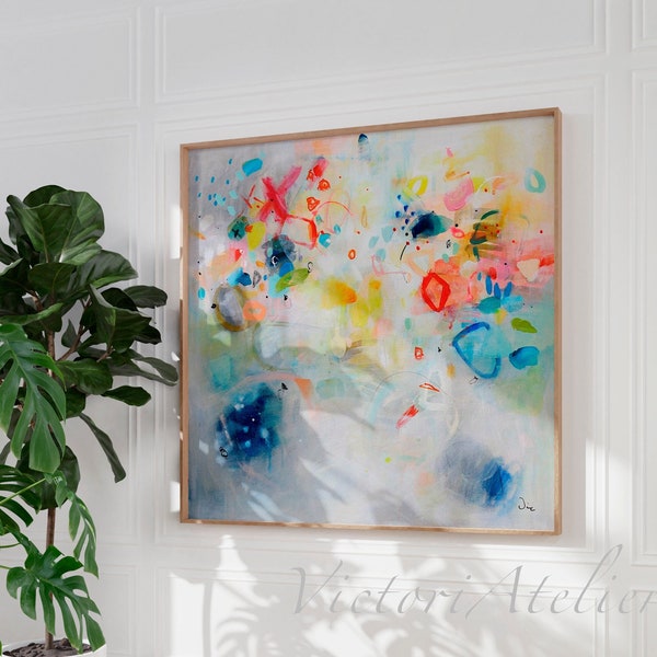 Joyful multicolor Abstract wall art, Large modern print, Colorful abstract painting, Square wall art