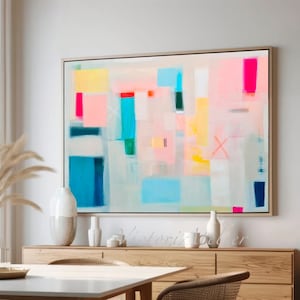 Abstract art painting print , Multicolor Extra large wall art print, Canvas wall decor for living room, Light blue and pink wall art