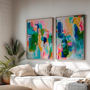 Set di arte astratta colorata di 2 stampe, pittura astratta extra large, set di arte moderna da parete di grandi dimensioni