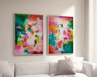 Bright colorful abstract prints set 2, Magenta and green modern abstract painting, Extra large abstract art with vivid colors