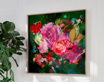 Floral Abstract Giclee Print, Pink & Green Tropical Art