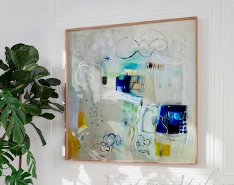 Large abstract art, White blue modern abstract painting, Hand embellished with gold leaf