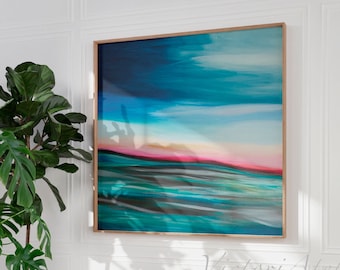 Colorful sunset print, Calm blue pink abstract art, Serene ocean wall art, Coastal abstract wall art