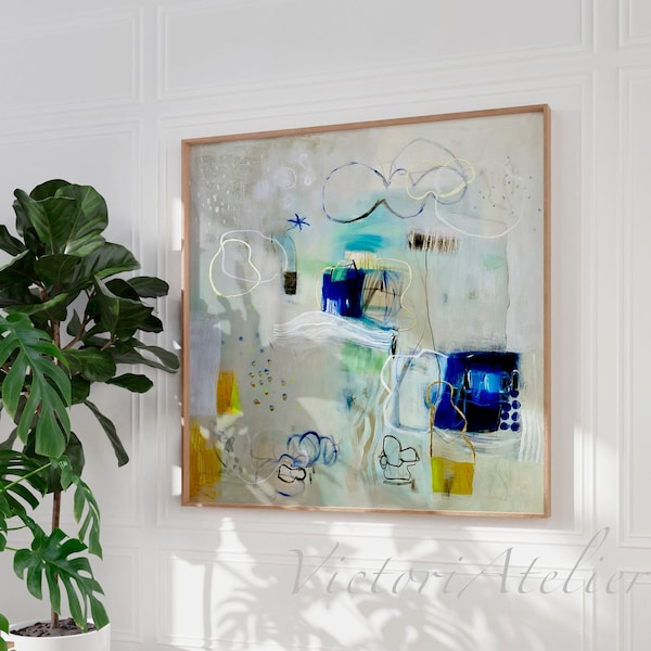 Large abstract art, White blue modern abstract painting, Hand embellished with gold leaf