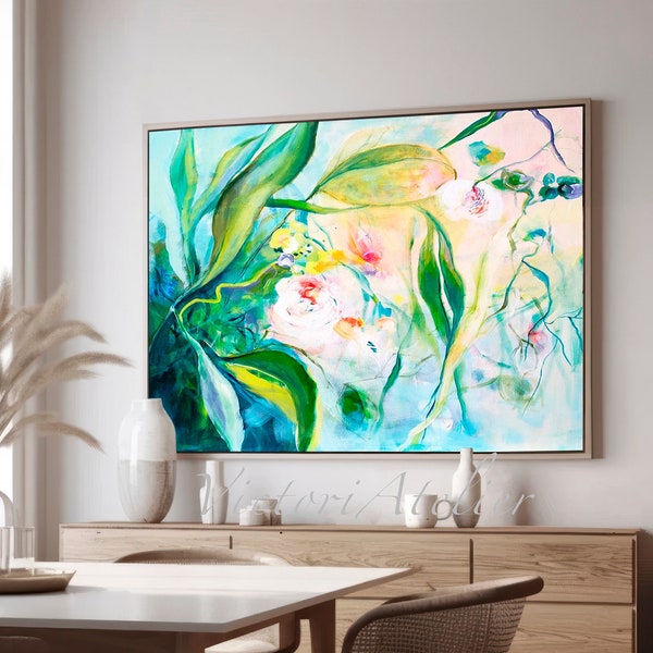 Floral wall art print, Abstract botanical print, Extra large tropical painting,Botanical wall art