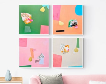 Abstract Art Print Set of 4, Multicolor Painting, Gold Leaf Embellished