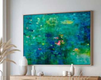 Green and blue abstract landscape print, Tropical scenery, Large wall art painting, Extra large wall art