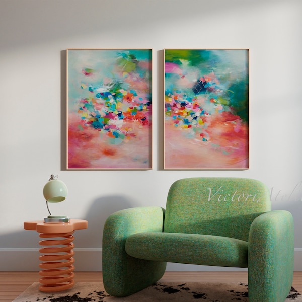 Set of 2 prints Colorful floral landscape, Large wall art prints, Abstract painting prints, Green and pink abstract floral art