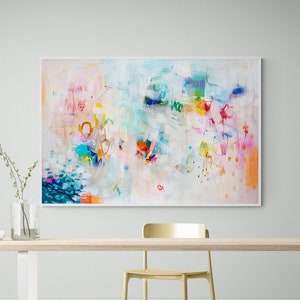 Abstract art painting print , White and multicolor Extra large wall art print, Canvas decor for living room, Art over coach sofa image 4