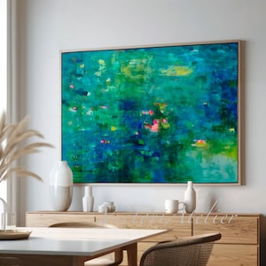 Green and blue abstract landscape print, Tropical scenery, Large wall art painting, Extra large wall art