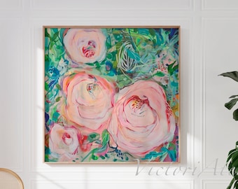 Large Pink Floral Botanical Art Print, Tropical Green Painting