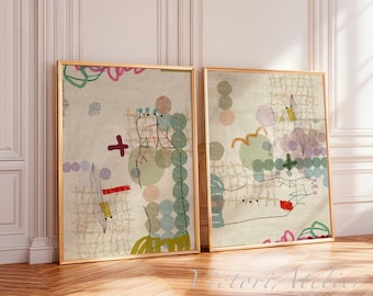 Wall Art Print set 2, Green neutral modern abstract illustration