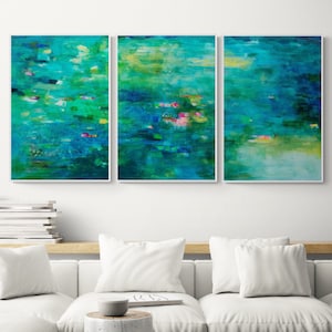 Set of 3 Wall art prints, Green and blue abstract painting landscape prints, Set modern abstract wall decor